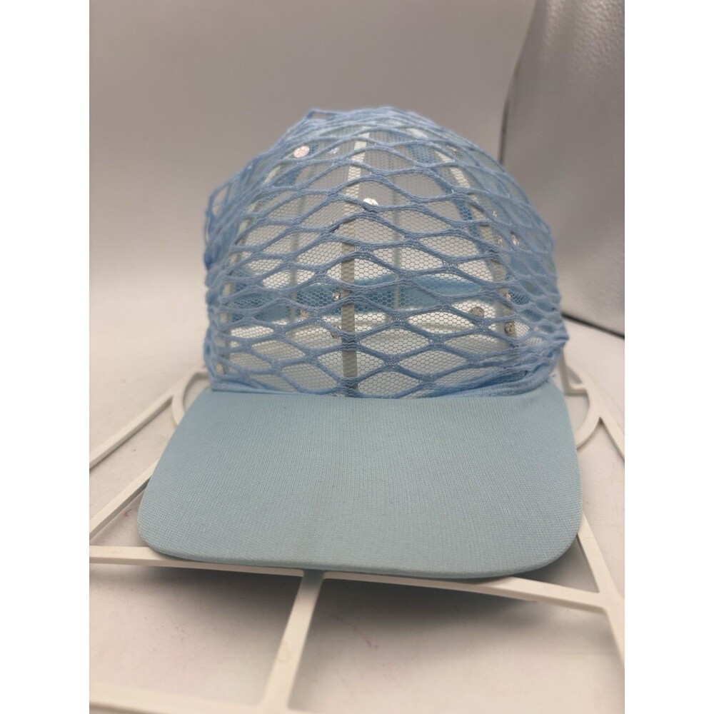 New Women’s Light Blue Open Weave Mesh Baseball Cap Sequin Accents Elastic Back